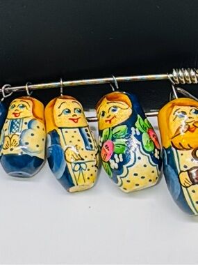 Hand-Painted Matryoshka Doll Charm Brooch - Blue & Yellow. Russian.